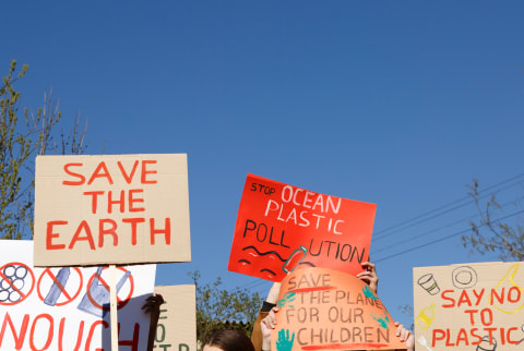 Crowd With Ecological Posters Walking On Street