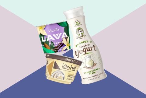 collage of plant based yogurts available in spring 2019