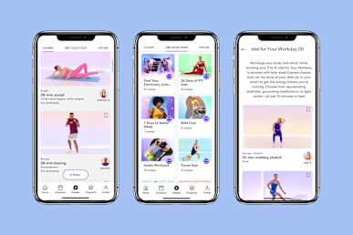 obe fitness interface on phones on background