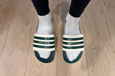 adidas adilette comfort slide on tester's feet 