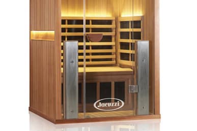 Wooden two-person sauna with interior lighting and bench