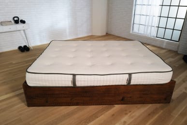 Best Extra-Firm Avocado Latex mattress on bed frame in mindbodygreen studio