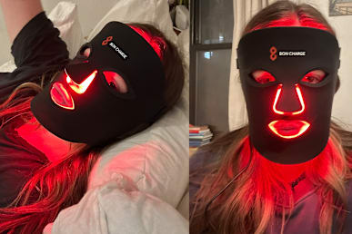 side by side of woman wearing black bon charge mask with red light coming out nose and mouth