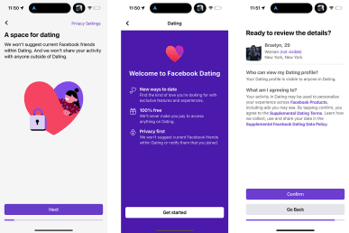 Facebook dating screenshots with sign-up, get started page, and confirm profile creation pages