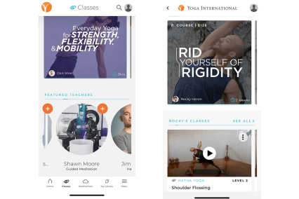 screenshots of flexibility flow on yoga international in left screen; right screen shows rid yourself of rigidty class