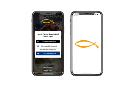 screenshot of sign-up page and logo of christian mingle on phone