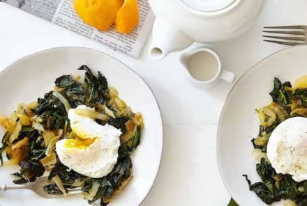 Poached Eggs Over Broth Braised Kale