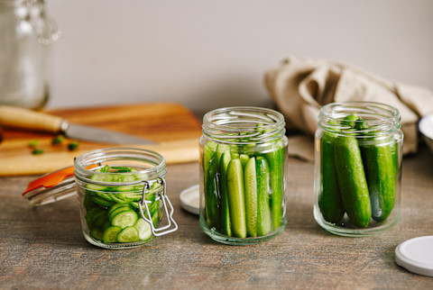 Homemade Pickles in a Jars on a Kitchen Counter Homemade Pickles in a Jars on a Kitchen Counter