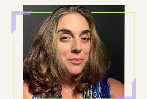 smiling woman with purple and green border