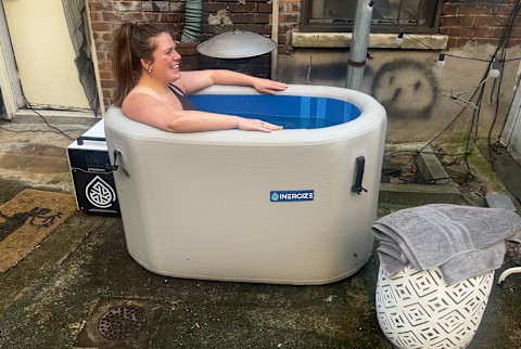 inergize cold plunge tub set up in backyard