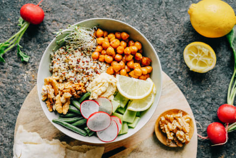 Flatlay of Vegan Dish with Quinoa, Chickpeas, and Walnuts