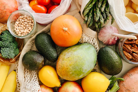 Overhead Photo of Fruits, Vegetables, and Legumes in Reusable Bags