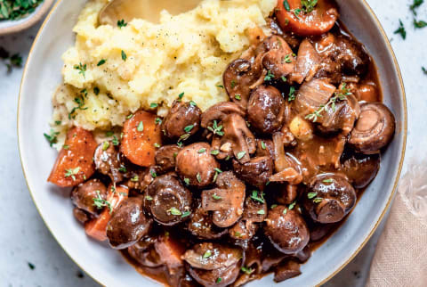 Mushroom Bourguignon with buttery mashed potatoes