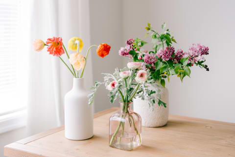 Fresh Spring Flowers in Three Vases On a Table