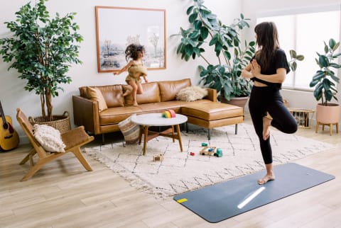 Woman and child exercising
