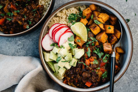 Plant Based Meal with Sweet Potatoes, Avocados, Quinoa, and Black Beans