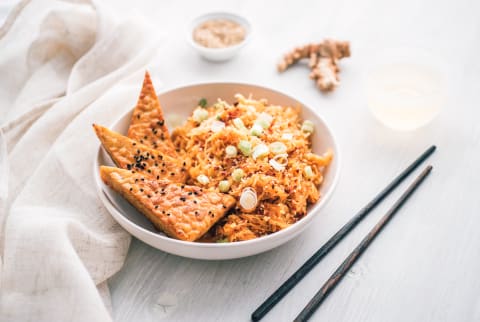 Dish with Tempeh, Green Onions, and Noodles