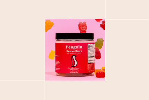 Best cbd gummy bears penguin gummies on background with border