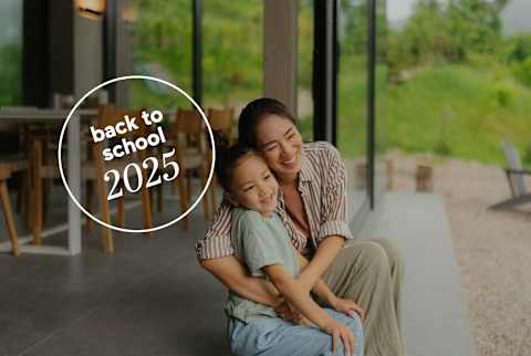 Back-to-school 2025: mom hugging kid and looking grateful with logo