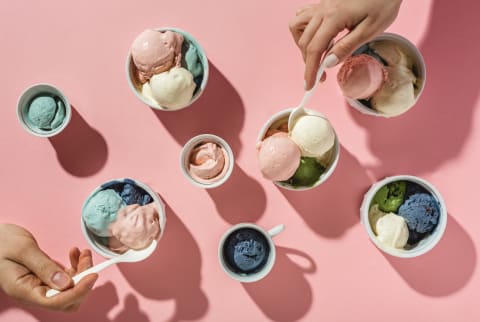 Overheads shot of cups of colorful ice cream 