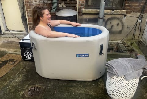 inergize cold plunge tub set up in backyard