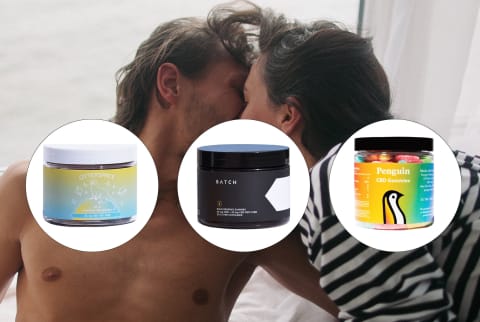 An image of a couple kissing passionately with images of CBD gummy products layered on top. 