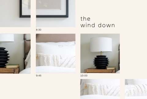 Fractured image of a bed and nightstand with text: the wind down
