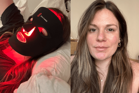bon charge red light mask on face next to woman (tester) face after using with glowing skin