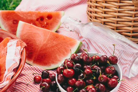 Picnic Of Cherries, Watermelon And Fruit