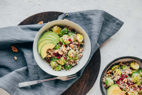 Quinoa Salad With Brussels Sprouts, Avocado, Walnuts And Pomegranate