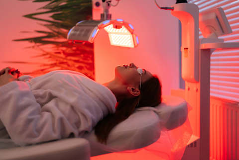 Woman using a red light panel on her face Woman using a red light panel on her face