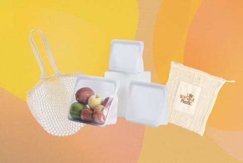 four types of reusable produce bags overlaid on orange background