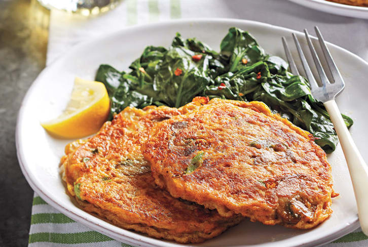 Perfect Paleo Dinner: Sweet Potato-Mushroom Pancakes With Spicy Skillet Spinach