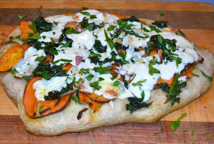 Autumn Pizza With Roasted Sweet Potatoes, Kale & Mozzarella