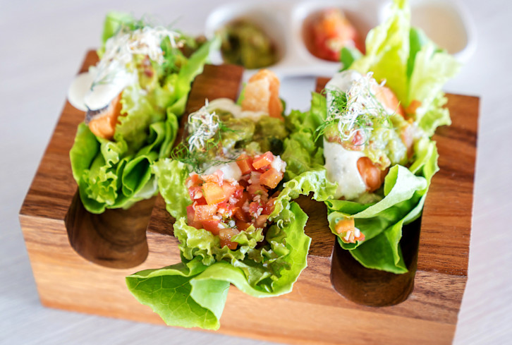 Poached and Grilled Asian Salmon Tacos with Gorgeous Root Vegetable Slaw