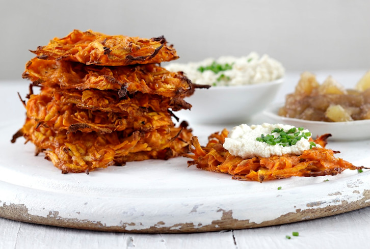 A Healthier Latke With Sweet Potatoes + Tofu Sour Cream