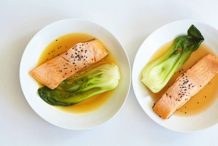 Broth-Poached Black Sesame Salmon + Bok Choy