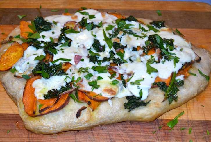 Autumn Pizza With Roasted Sweet Potatoes, Kale & Mozzarella
