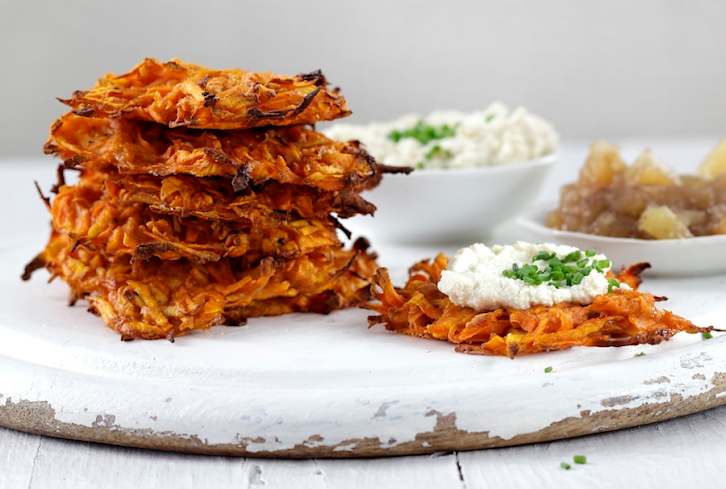 A Healthier Latke With Sweet Potatoes + Tofu Sour Cream