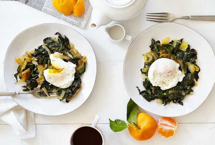 Poached Eggs Over Broth Braised Kale