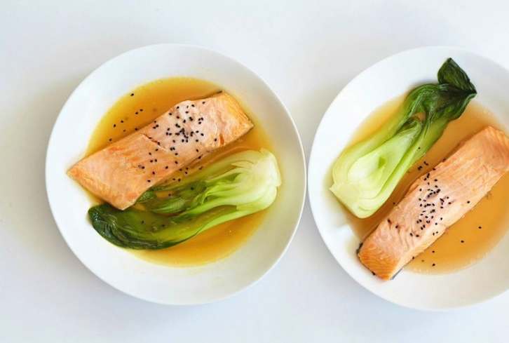 Broth-Poached Black Sesame Salmon + Bok Choy