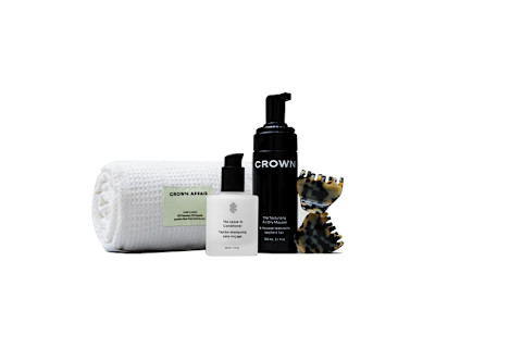 collection of hair care items and accessories from Crown Affair