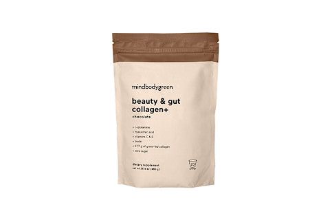 A stand-up pouch of mindbodygreen beauty & gut collagen+ powder in chocolate flavor. A stand-up pouch of mindbodygreen beauty & gut collagen+ powder in chocolate flavor.