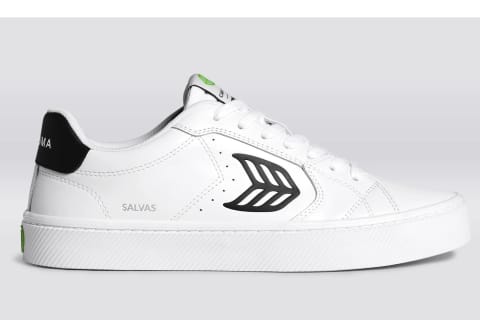 white leather sneakers with black detail