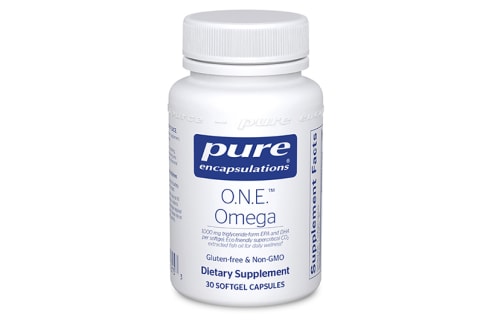 White supplement bottle with blue label for omega