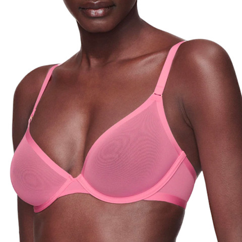 woman in bright pink bra