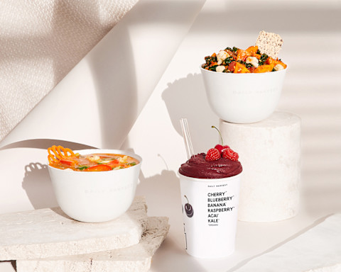 smoothie and two bowls on pedestal smoothie and two bowls on pedestal