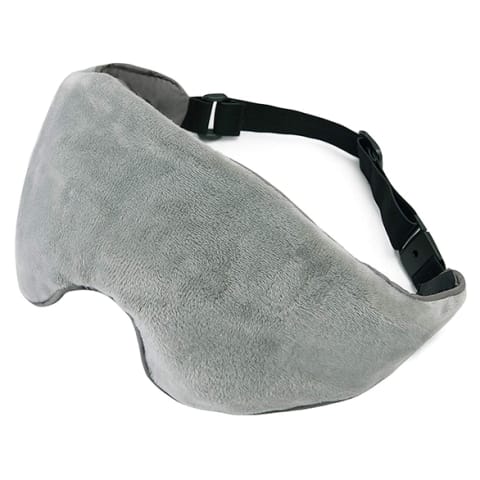 grey plush sleep mask with black strap