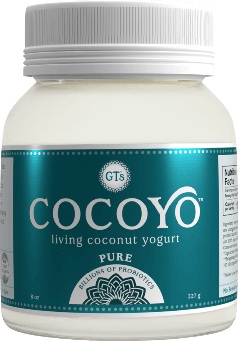 Glass bottle with teal label and white lid, COCOYO written in white font on the front of the label.