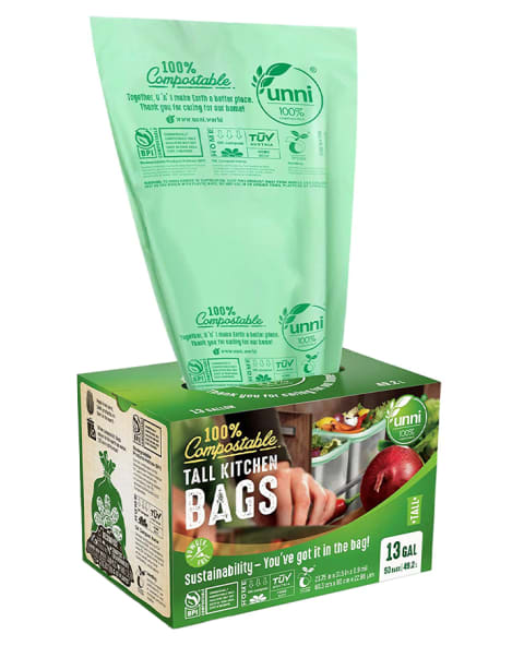 green compostable trash bag in green box